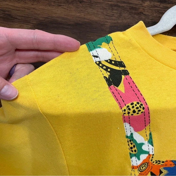 sale 90s Single Stitch Yellow Floral Overall Printed Cropped T-Shirt M - Picture 11 of 12